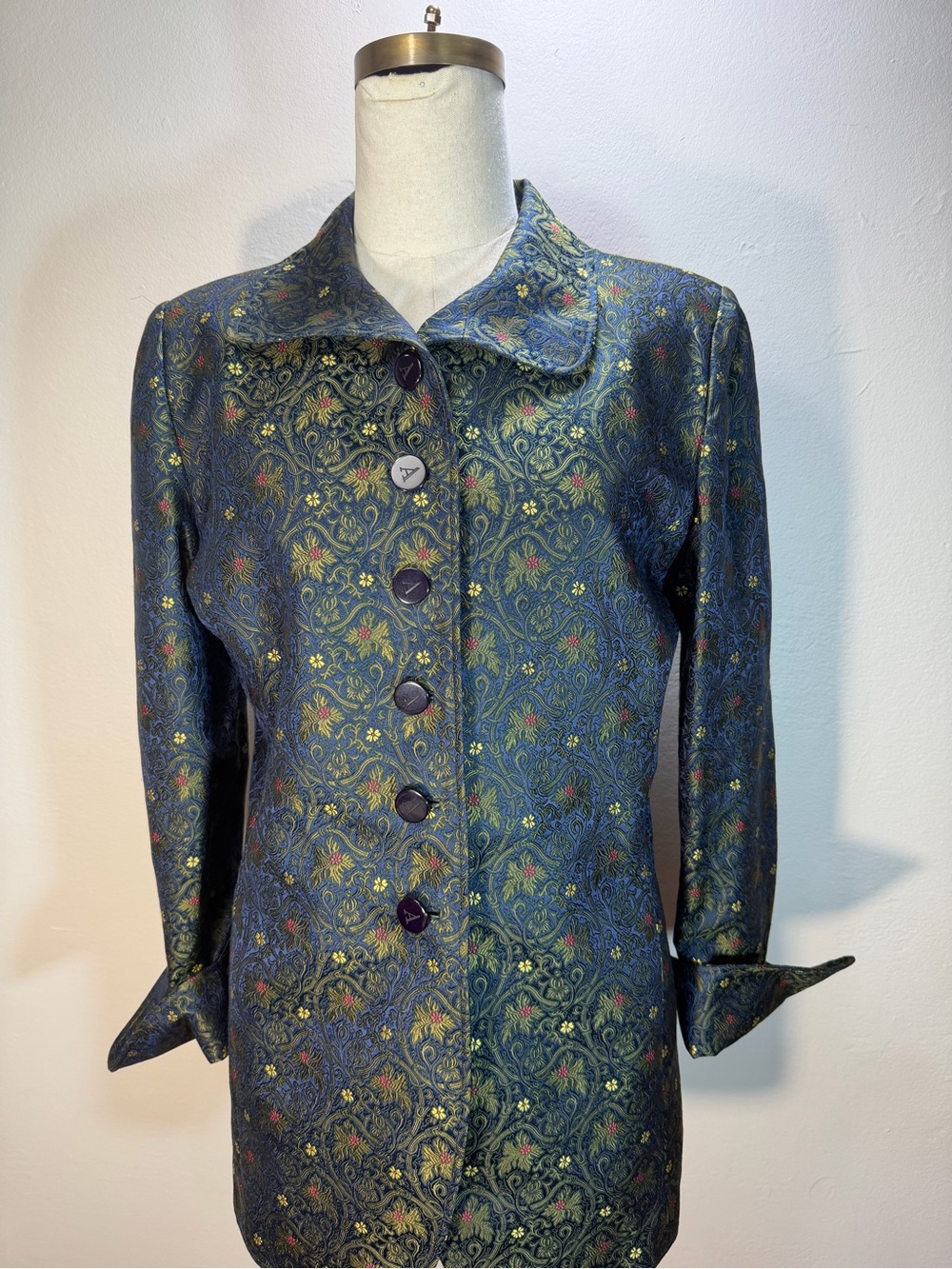 Alease Fisher NY 100% Silk Women's Brocade Navy Floral Button-Front Jacket